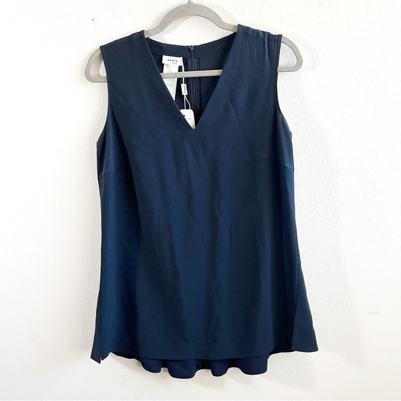 Akris Punto Tops - Akris Punto Blouse Navy (Marine) Blue Sleeveless V Neck Silk Trim Top Sz 8 NWT